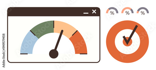 Performance analysis, business metrics, data evaluation, goal achievement, analytics tracking, productivity monitoring. Gauge meter in web window and circular progress chart. Performance analysis