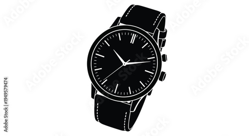 A black and white illustration of a classic wristwatch on a leather strap