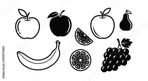 Black and white illustration featuring various fruits in a simple design