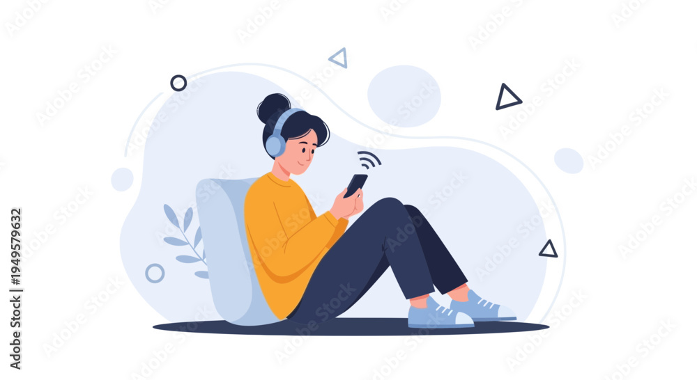 Obraz premium Young woman with headphones listening to music on smartphone, sitting on floor