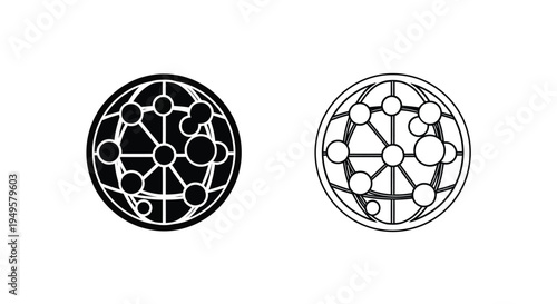 Two circular diagrams with connected nodes black and white illustration