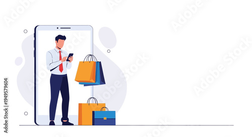 Man using mobile phone for online shopping with shopping bags, e-commerce concept