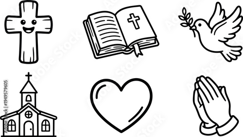 Black line art style christian symbols with smiling cross open bible dove church heart and praying hands