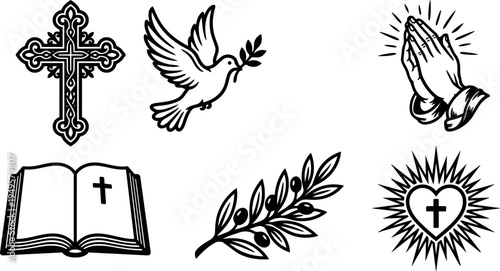 Black ornate cross dove holding olive branch praying hands open bible and sacred heart icons in vintage religious line art style vector