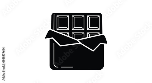 Simple black and white illustration of an opened chocolate bar with squares