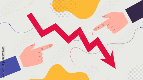 Two hands point accusingly at a sharply declining red line graph suggesting blame or a negative trend in performance high quality professional detailed modern elegant stylish