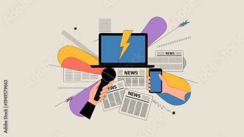 A colorful illustration depicts modern media featuring a laptop with a lightning bolt a microphone a smartphone and newspapers high quality professional detailed elegant stylish clean