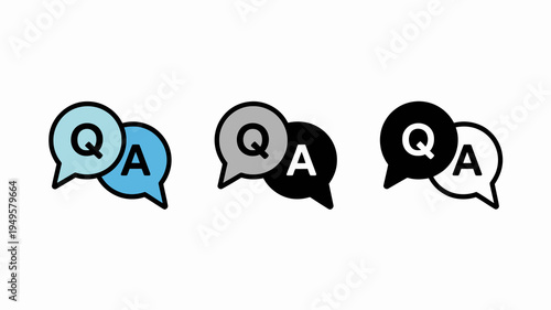 This image displays three variations of a question and answer icon using speech bubbles and the letters q and a high quality professional detailed modern elegant