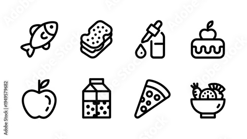 A collection of simple black and white line icons depicts various food items including fish bread fruit pizza and dairy high quality professional detailed modern elegant