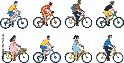 Set of flat vector illustration people riding bicycles including mountain bikes, city commuters, cyclists in gear, and casual summer riders.