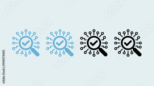 Four variations of a magnifying glass icon with a checkmark symbol displayed in different color schemes and styles high quality professional detailed modern elegant stylish clean