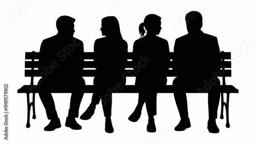A silhouette depicts four people seated together on a wooden park bench suggesting companionship and quiet contemplation high quality professional detailed modern elegant stylish clean crisp