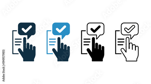 A series of four icons depict a hand interacting with a checklist showcasing variations in color and style high quality professional detailed modern elegant stylish clean