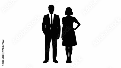 A silhouetted image depicts a formally dressed man and woman standing side by side presenting a classic business oriented aesthetic high quality professional detailed modern elegant