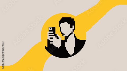 A pixelated illustration depicts a person taking a selfie with a smartphone set against a geometric warm toned background high quality professional detailed modern elegant stylish