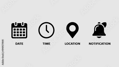 A minimalist graphic displays four black icons representing a calendar clock location pin and notification bell high quality professional detailed modern elegant stylish clean crisp vibrant