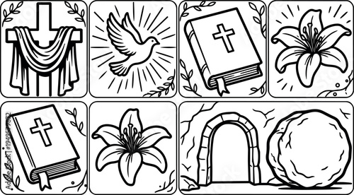 Minimalist black and white religious vector icons including cross with cloth dove bible flower and empty tomb stone