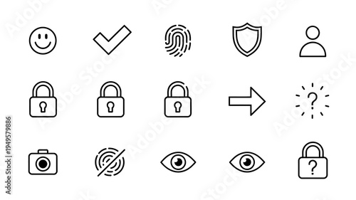 A collection of simple black and white line icons depicting security identification and user interface elements high quality professional detailed modern elegant stylish clean crisp vibrant
