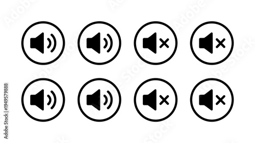 A set of eight circular icons depicting varying sound volume levels from maximum to muted in a black and white style high quality professional detailed modern