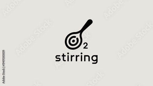 A minimalist graphic depicts a black spoon with a chemical formula for water h o and the word stirring below high quality professional detailed modern elegant