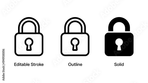This image displays three variations of a padlock icon an editable stroke an outline and a solid black version high quality professional detailed modern elegant stylish