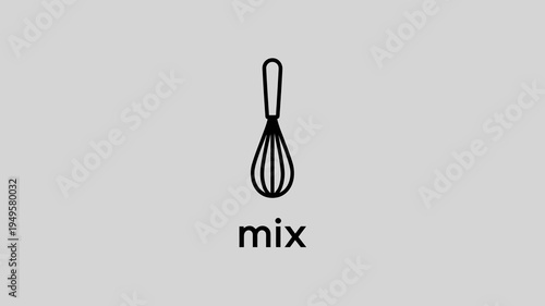 A minimalist illustration depicts a black whisk centered on a light gray background accompanied by the word mix below it high quality professional detailed modern elegant