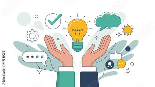 An illustration depicts hands cradling a glowing lightbulb symbolizing innovation and new ideas surrounded by icons of progress high quality professional detailed modern elegant stylish clean