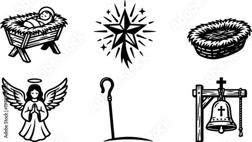 Black and white nativity scene icons set nativity baby star angel bell staff basket and cradle silhouette vector art