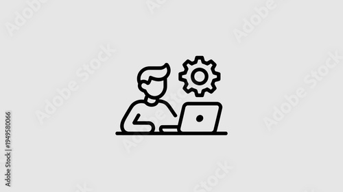 A minimalist line drawing depicts a person working on a laptop with a gear symbol positioned above their head representing automation high quality professional detailed modern