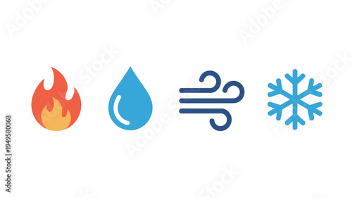 A simple graphic displays four elemental icons fire water air and ice representing the classic forces of nature with vibrant colors high quality professional detailed modern
