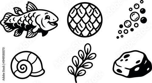 Black and white vector art set of fish scales shell seaweed stone and bubbles icons in outline style