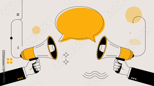An illustration depicts two hands holding megaphones aimed at a speech bubble conveying a message or announcement visually high quality professional detailed modern elegant stylish clean