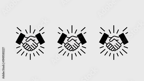 Three black and white line art illustrations depict a handshake each radiating lines suggesting agreement partnership or a successful deal high quality professional detailed modern elegant