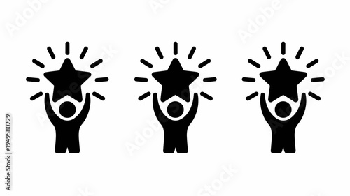 A simple black icon depicts three figures raising their arms to shining stars representing achievement success or positive ratings high quality professional detailed modern elegant stylish