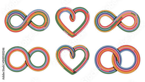 A vibrant arrangement of colorful looped shapes depicting infinity symbols and hearts creating a visually striking pattern high quality professional detailed modern elegant stylish clean crisp