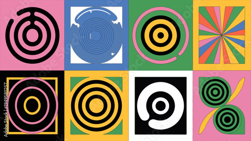 A vibrant grid displays nine square panels each containing unique colorful spiral and circular abstract designs high quality professional detailed modern elegant stylish clean crisp digital