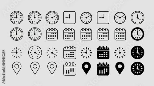 A collection of various black clock and calendar icons are displayed against a light gray background showcasing time and scheduling concepts high quality professional detailed modern