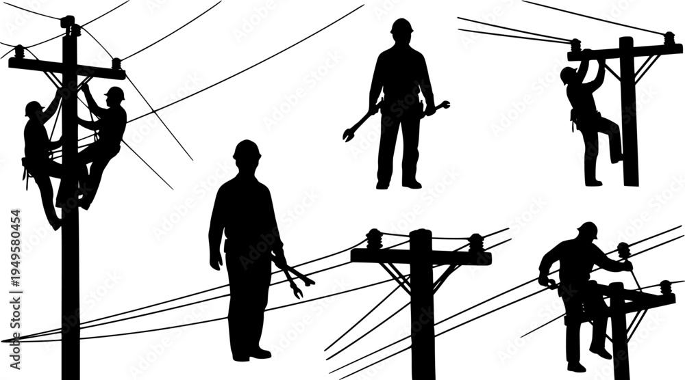 Fototapeta premium Lineman silhouette, Lineman svg, Line worker svg, Electrician svg, Electrical lineman svg, Lineman climbing silhouette, Power lineman svg, Line worker silhouette, Lineman vector illustration set