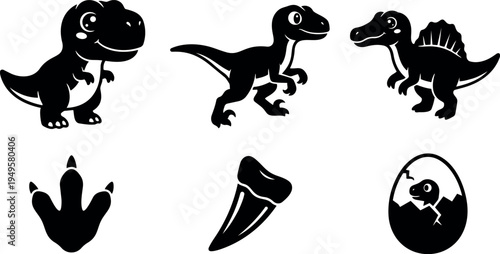 Cute black and white silhouettes of three different baby dinosaurs and dinosaur eggs with claws and teeth icons