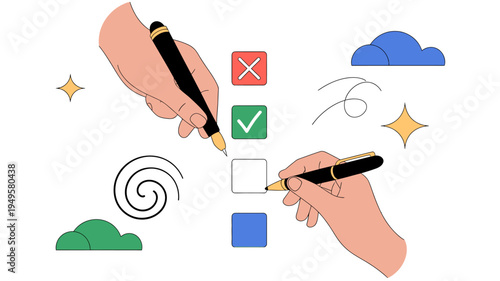 Two hands holding pens interact with a checklist featuring a rejected and accepted option amidst decorative swirls and stars high quality professional detailed modern elegant stylish