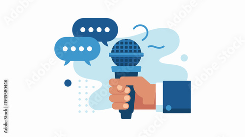 An illustration depicts a hand holding a microphone with speech bubbles above representing communication and public speaking concepts high quality professional detailed modern elegant stylish clean