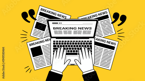 A minimalist illustration depicts hands typing on a laptop surrounded by newspapers shouting breaking news symbolizing modern journalism high quality professional detailed elegant stylish clean crisp