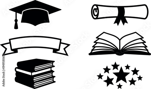 Black and white vector icons of academic graduation cap diploma open book stars banner and stacked books set