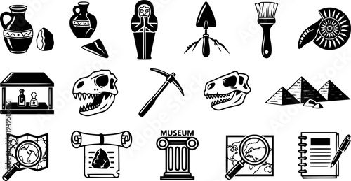 Archaeology Icons Vector Set: Artifacts, Tools, Fossils, Excavation, History, Museum, and Research. Bold Silhouette Graphics Collection for Science Design.