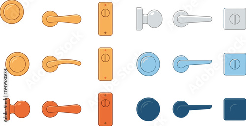 Set of Modern Door Knobs and Handles Collection in Flat Vector Illustration Style, Featuring Various Metal Textures for Interior Home Design