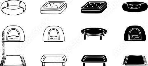 Pet bed icon set, line and black glyph style
