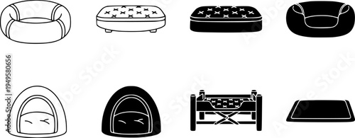 Pet bed icon set, line and black glyph style
