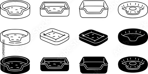 Pet bed icon set, line and black glyph style
