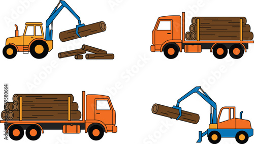 Set of Logging Trucks and Forestry Loader Tractors in Flat Vector Illustration Style, Timber Transport and Wood Industry Machines Collection