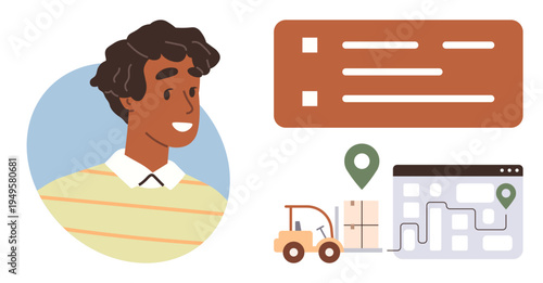 Shipping logistics, delivery management, navigation systems, tracking technology, warehouse operations, online shopping. Person next to tracking map, forklift and packages. Logistics and delivery